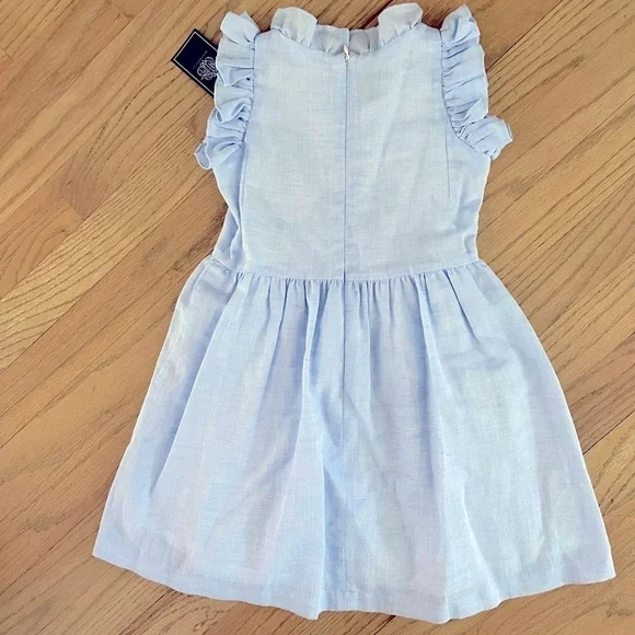 NWT Brown Bowen & Company Girls Kaki Lt Blue Linen Dress w Ruffle Collar Sleeves